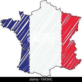 Frankreich Karte Hand gezeichnete Skizze. Vektor Konzeption Illustration flag, Kinder Zeichnen, Kritzeln Karte. Land Karte für Infografik, Broschüren und Stock Vektor
