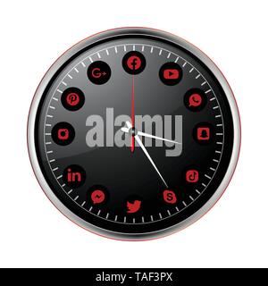 Schwarz Metallic Wanduhr mit Sozialen Medien Symbole anstelle von Zahlen auf weißem Hintergrund Stock Vektor