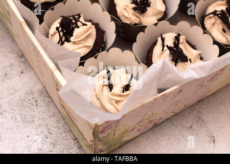 Schöne Schokolade Sahne cupcakes in ein weißes Kästchen mit einem Seil an einem konkreten Hintergrund gebunden Stockfoto
