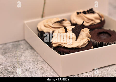 Schöne Schokolade Sahne cupcakes in ein weißes Kästchen mit einem Seil an einem konkreten Hintergrund gebunden Stockfoto