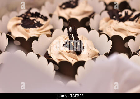 Schöne Schokolade Sahne cupcakes in ein weißes Kästchen mit einem Seil an einem konkreten Hintergrund gebunden Stockfoto