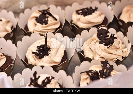Schöne Schokolade Sahne cupcakes in ein weißes Kästchen mit einem Seil an einem konkreten Hintergrund gebunden Stockfoto