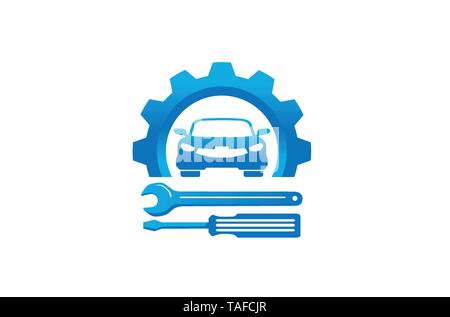 Kreative blauen Zahnrad Auto Schraubendreher Logo Design Illustration Stock Vektor