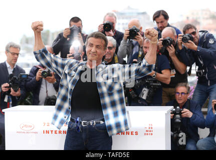 Cannes, Frankreich. 24. Mai, 2019. US-Schauspieler Sylvester Stallone stellt bei einem Fotoshooting für "Rendez-vous mit Sylvester Stallone' während des 72. Filmfestival in Cannes Cannes, Frankreich, 24. Mai 2019. Die 72. Filmfestspielen von Cannes wird vom 14. bis 25 Mai statt. Credit: Gao Jing/Xinhua/Alamy leben Nachrichten Stockfoto