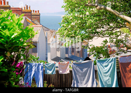 Portland. 24. Mai 2019. Starke Sonneneinstrahlung auf der Isle of Portland sorgt für optimale Trocknung Bedingungen in einem fortuneswell clifftop Garten mit Blick auf Chesil Beach. Credit: stuart Hartmut Ost/Alamy leben Nachrichten Stockfoto