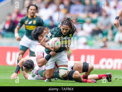 LONDON, GROSSBRITANNIEN. 25., Mai 2019. Justin Geduld von Südafrika 7 S ist die von während der HSBC World Rugby Sevens Serie London Match zwischen Team Südafrika 7 S und Team Japan 7 S bei Twickenham Stadium am Samstag, 25. Mai 2019. LONDON England. (Nur redaktionelle Nutzung, eine Lizenz für die gewerbliche Nutzung erforderlich. Keine Verwendung in Wetten, Spiele oder einer einzelnen Verein/Liga/player Publikationen.) Credit: Taka G Wu/Alamy leben Nachrichten Stockfoto