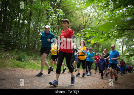 Glasgow, UK. 25 Mai, 2019. Die 534Th kostenlos und zeitlich Parkrun Veranstaltung findet in Pollok Country Park, mit lokalen laufenden Club Bellahouston Geländeläufer tun ein Freiwilliger - Übernahme, mit Ihrem Club Läufer erfüllen alle die ehrenamtlichen Positionen auf der Laufstrecke, in Glasgow, Schottland, am 25. Mai 2019. Diese Parkrun war der 534Th kostenlos und zeitlich Parkrun 5-km-Lauf im Park in Glasgows Southside gehalten, und ist einer der Hunderte solcher all-inclusive-Veranstaltungen in ganz Großbritannien abgehalten und international jedes Wochenende unter dem Parkrun Banner. Quelle: Jeremy Sutton-hibbert/Alamy leben Nachrichten Stockfoto