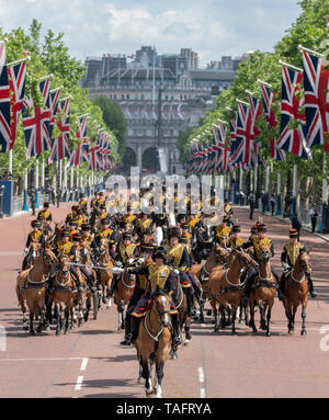 Die Mall, London, UK. 25. Mai 2019. 1450 Soldaten der Abteilung Haushalt und die King's Troop Royal Horse artillery, zusammen mit bis zu 400 Musiker aus dem Massierten Bands auf Horse Guards Parade für die erste von zwei formale Bewertungen, bevor die Farbe am 8. Juni 2019 und von Major General Ben Bathurst CBE, Major General Kommandeur der Haushalt Abteilung überprüft. Bild: Die Könige Troop Royal Horse artillery Rückkehr aus der Überprüfung. Credit: Malcolm Park/Alamy Leben Nachrichten. Stockfoto