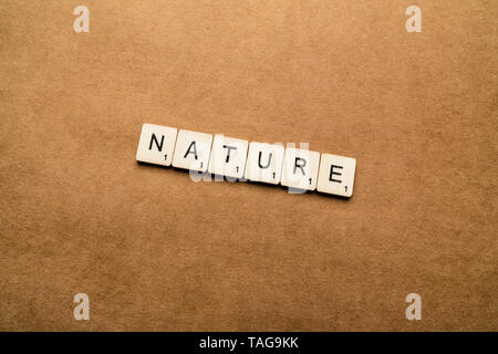 LONDON, UK, 24. Mai 2019: Das Wort Natur Dinkel mit hölzernen Buchstabensteine über eine braune strukturierten Hintergrund Stockfoto