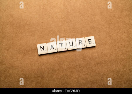 LONDON, UK, 24. Mai 2019: Das Wort Natur Dinkel mit hölzernen Buchstabensteine über eine braune strukturierten Hintergrund Stockfoto