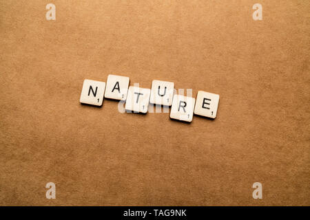LONDON, UK, 24. Mai 2019: Das Wort Natur Dinkel mit hölzernen Buchstabensteine über eine braune strukturierten Hintergrund Stockfoto