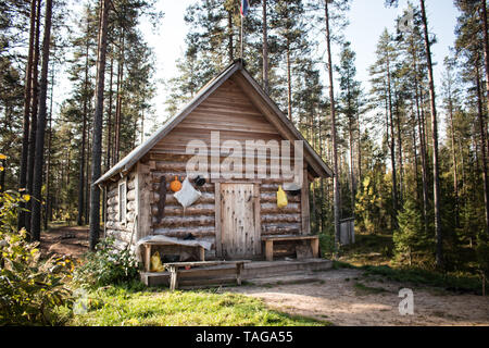 Der Förster Hütte (Forest Lodge, kleines Haus von Förster) im alten Pinery (Taiga und Borealer Wald) im Vintage Style Stockfoto