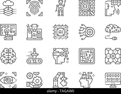 Einstellen der Künstlichen Intelligenz Zeile für Symbole. Chatbot, große Daten, Datenbank und mehr. Stock Vektor