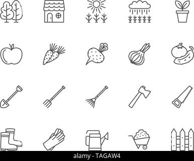 Einstellen der Landwirtschaft Zeile für Symbole. Bäume, Wald, Haus, Feld, Blumentopf und mehr. Stock Vektor