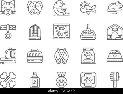 Satz von Pet Shop Zeile für Symbole. Katze, Hund, Vogel, Papagei, Fisch, Maus und mehr. Stock Vektor