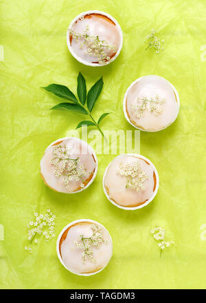 Hausgemachte Holunder Blume Cupcakes mit Zuckerguss, mit frischen holunderblüten eingerichtet. Ansicht von oben. Stockfoto