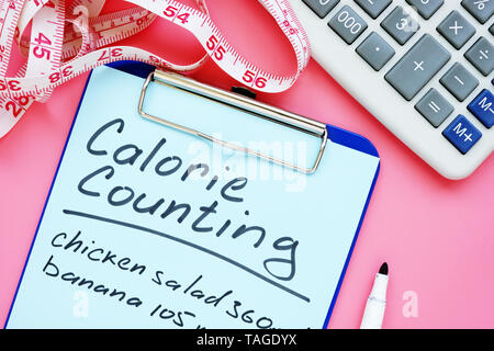 Kalorienverbrauch Liste für Gewichtverlust auf dem Schreibtisch. Stockfoto