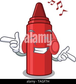 Listening Music Red Crayon in einem Cartoon Tasche Stock Vektor