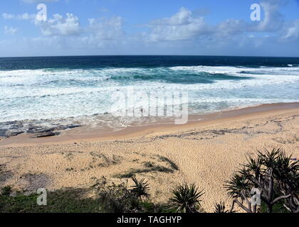 Schönes Wetter am Strand entlang Buddina Pacific Boulevard (Sunshine Coast, Queensland, Australien). Buddina Strand von Punkt Cartwright Lookout. Stockfoto