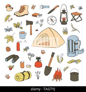 Camping Wandern Symbole farbige Skizze nahtlose Vektor Muster. Camping Ausrüstung Collection. Ferngläser, Schüssel, Grill, Laternen, bbq, Rucksack, Zelt, c Stock Vektor