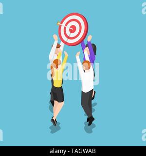 Wohnung 3 d isometrische Business Team holding Ziel mit Pfeil in der Mitte. Business Target und Teamarbeit Konzept. Stock Vektor