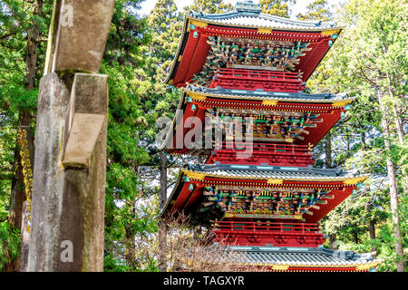 Nikko, Japan Toshogu Schrein Pagode und Tempel Tor in der Präfektur Tochigi im Frühjahr Nahaufnahme von Detail Architektur und Bäume Stockfoto