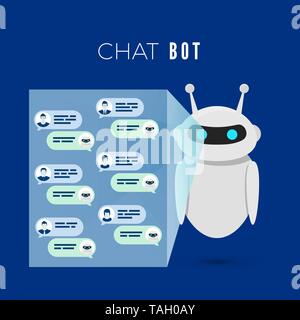 Chatbot Konzept. Roboter Projekte ein Bildschirm mit Nachrichten von Benutzern und führt den Dialog mit ihnen Frage beantworten. Vector Illustration Stock Vektor