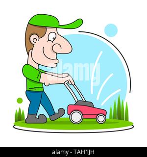 Abbildung: ein Gärtner trug Hut und Overalls mit Rasenmäher mähen Rasen von vorne eingestellt auf Isoliert gesehen Stock Vektor