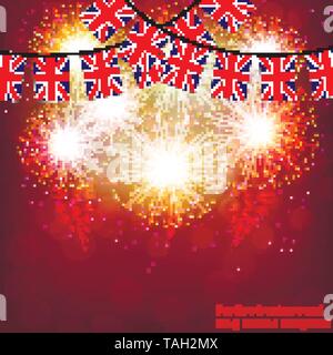 Helles Feuerwerk mit Fahnen Großbritannien für den Urlaub. Vector Illustration. Stock Vektor