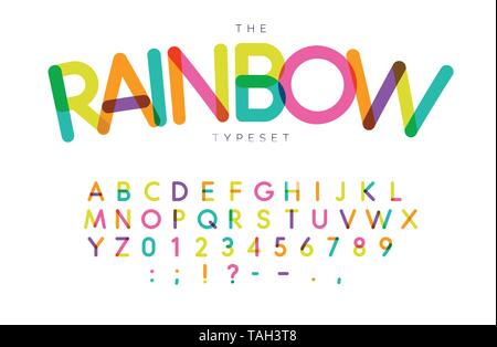 Rainbow Buchstaben und Zahlen. Im Vektor lateinischen Alphabet. Schriftart für Veranstaltungen, Geburtstag, Kinder, Promotions, festival Logos, Banner, Monogramm Stock Vektor