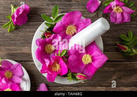 Frische Rugosa Rosen in einem Mörser, Ansicht von oben Stockfoto