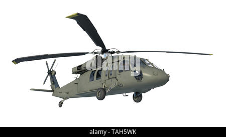 Hubschrauber im Flug, Militärflugzeuge, Armee der Häcksler auf weißem Hintergrund, Ansicht von unten, 3D-Rendering Stockfoto