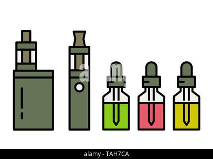 Vaping Gerät und Zubehör. Elektronische Zigarette und Flaschen mit vape Flüssigkeit. e-liquid, e-Saft. Mockup von vape Flasche mit Flüssigkeit. Isolierte Vektor Stock Vektor