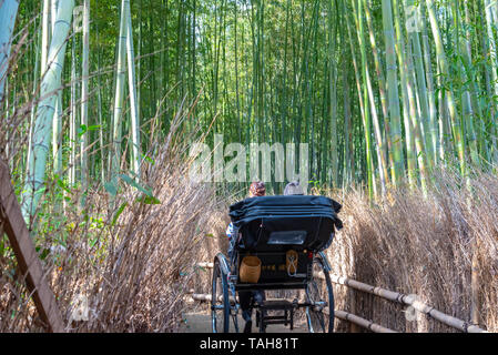 Zog Rikscha reiten Touristen durch einen Bambuswald Pfad in Arashiyama, Kyoto, Japan Stockfoto