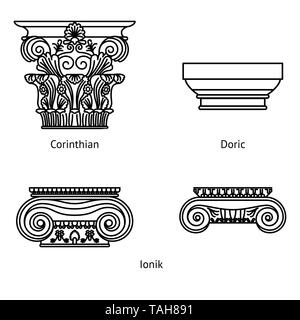 Antike der Griechischen historischen Hauptstädte für Calon: Ionische, Dorischen und korinthischen Kapitellen. Vektor linie Abbildung Stock Vektor