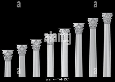 Eine Reihe von griechischen, antiken, historischen Kolonnaden mit korinthischen Kapitellen und Platz für Text auf einem schwarzen Hintergrund. Vektor linie Abbildung Stock Vektor