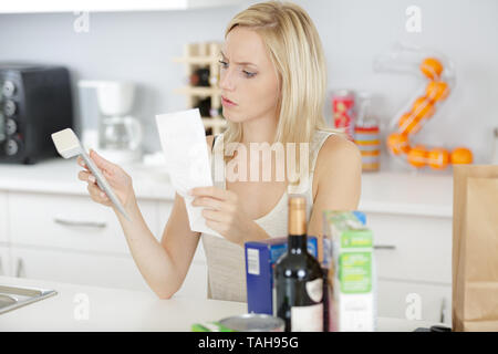 Betroffene Frau mit Taschenrechner und ihr Einkaufen Eingang Stockfoto