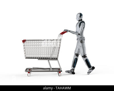 Online shopping Konzept mit 3D-rendering Roboter halten Warenkorb Stockfoto