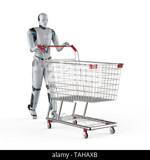 Online shopping Konzept mit 3D-rendering Roboter halten Warenkorb Stockfoto