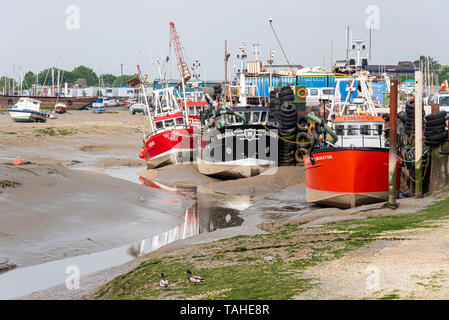 Fischerboote Strände auf der Schlamm an Ebbe in Leigh-on-Sea, Essex, Großbritannien. Leigh Creek. Angeln Fisch Industrie am alten Leigh. Boote, Schiffe, Kräne Stockfoto