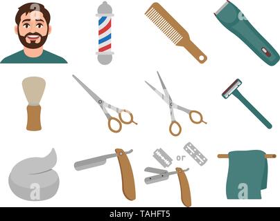 Friseur Reihe von Icons im Comic-stil, Haare schneiden und rasieren, shavette, Friseur- Pol, Haarschneider, etc. Vector Illustration Stock Vektor