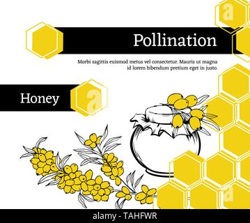 Bestäubung von Hand gezeichnet Vector Illustration. Sanddorn, Anlage Skizze. Honig shop Verpackung Aufkleber. Honeycomb geometrischen Form. Textur Tinte clipart. Eco store Poster, Banner Design mit Text Stock Vektor
