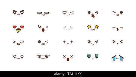 Kawaii Gesichter Ausdrücke niedlichen Lächeln Emoticons. Japanische emoji Stock Vektor