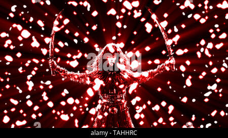 Schwarze silhouette Frau Krieger mit zwei Klingen. Regen, glänzenden Sternen. Fantasy Abbildung. Hintergrund rot. Stockfoto