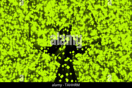 Schwarze silhouette Frau Krieger mit zwei Klingen. Regen, glänzenden Sternen. Fantasy Abbildung. Grüne Hintergrundfarbe. Stockfoto