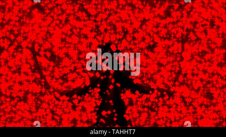 Schwarze silhouette Frau Krieger mit zwei Klingen. Regen, glänzenden Sternen. Fantasy Abbildung. Hintergrund rot. Stockfoto