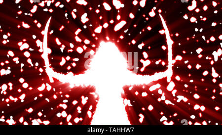 Glänzende Krieger Mädchen weiße Silhouette mit zwei Schwerter. Der glühende Partikel. Fantasy Abbildung. Rot und Schwarz Hintergrundfarbe. Stockfoto
