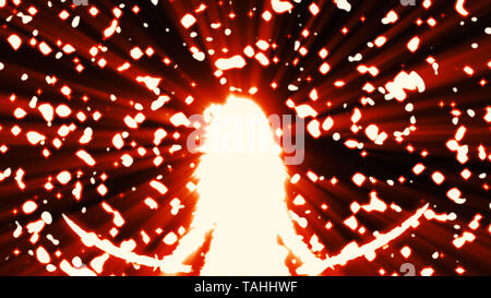 Glänzende Krieger Mädchen weiße Silhouette mit zwei Schwerter. Der glühende Partikel. Fantasy Abbildung. Rot und Schwarz Hintergrundfarbe. Stockfoto
