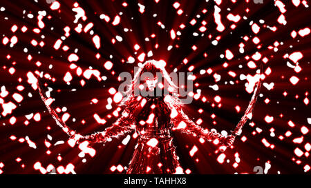 Schwarze silhouette Frau Krieger mit zwei Klingen. Regen, glänzenden Sternen. Fantasy Abbildung. Hintergrund rot. Stockfoto