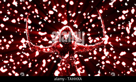 Schwarze silhouette Frau Krieger mit zwei Klingen. Regen, glänzenden Sternen. Fantasy Abbildung. Hintergrund rot. Stockfoto